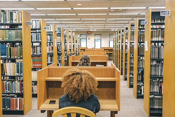 波胆网站学生坐在木制隔间里的照片, 在珍妮·梅隆·金图书馆的书堆之间学习.