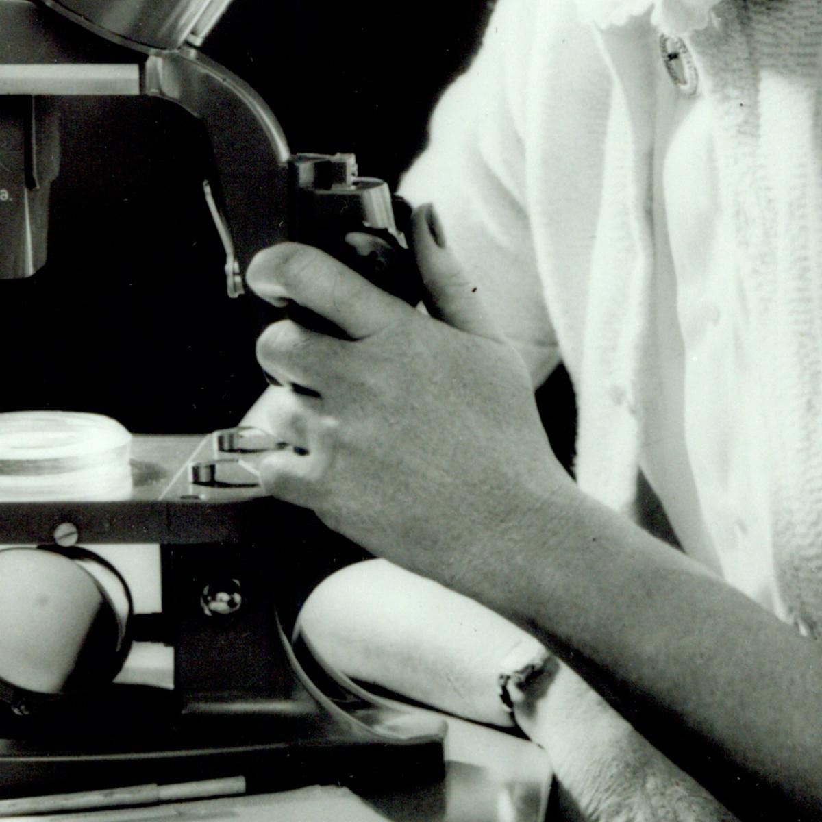 雷切尔·卡隆双手操作显微镜的黑白特写照片