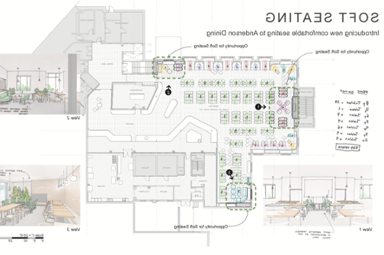 Illustrated map of seating for Chatham University's Anderson Dining Hall renovation.